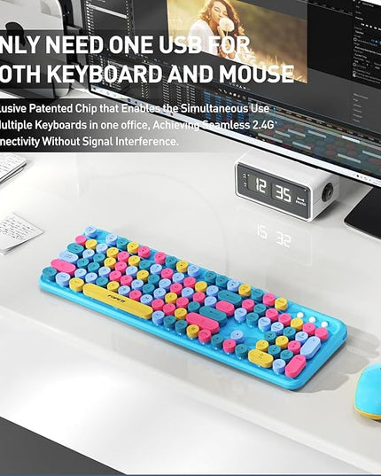 FOPETT 2.4GHz Wireless Keyboard and Mouse Set with Switch Button - Full-Size Keyboard - Compatible for Windows/Laptop/PC/Notebook/Smart TV and More - Blue Colorful
