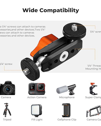 K&F CONCEPT Dual Ball Heads Magic Arm, Articulating Mini Magic Arm with 1/4" Screw, 360° Swivel Aluminum Alloy Camera Monitor Mount Arm for Camera, Light, Microphone, Monitor