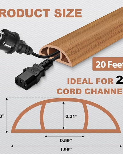 Floor Cord Cover for Wires on Floor Self Adhesive Cord Hider Floor Cable Management Wire Covers for Cords Protector Prevent Cable Trips Cord Cavity W 0.59" x H 0.31", Brown Wood, 20Ft