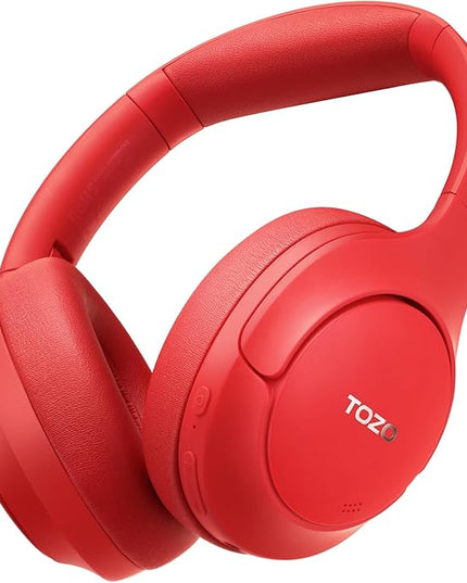 TOZO HT2 Hybrid Active Noise Cancelling Headphones, Wireless Over Ear Bluetooth Headset, 60H Playtime, Hi-Res Audio Custom EQ via App Deep Bass Comfort Fit Ear Cups, for Home Office Travel Red