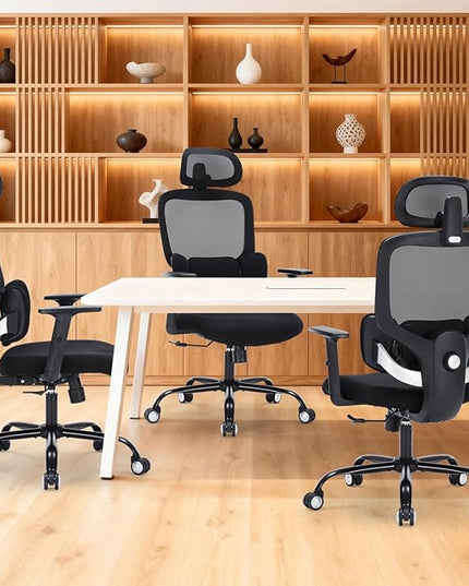 Office Chair Ergonomic Desk Chairs with Adjustable Lumbar Support & Headrest, Mesh High Back Home Office Desk Chairs with Adjustable Height Armrests, Comfy Swivel Task Computer Chair
