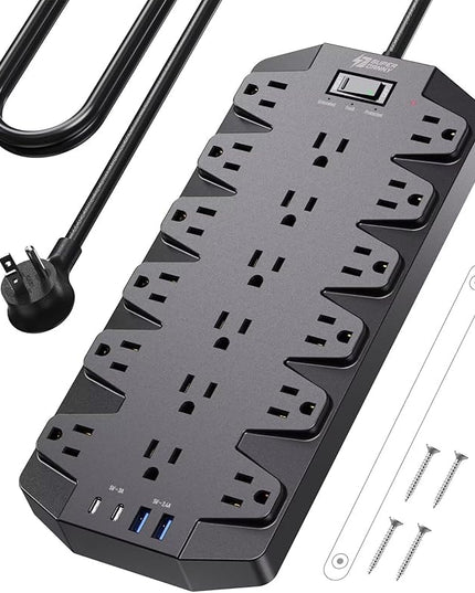 Surge Protector Power Strip, SUPERDANNY 18 AC Outlets with 4 USB Ports, 1875W/15A, 2100J, 6.5FT Flat Plug Heavy Duty Extension Cord with Wall Mount Holes for Home, Office, Gaming Room,Dorm, Black