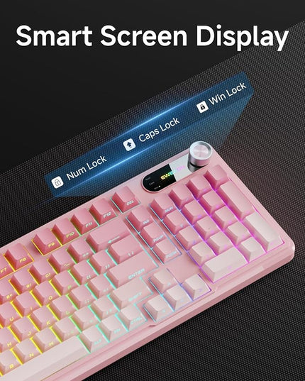 V102 Wired Keyboard, 98 Keys Creamy Gaming Keyboard with Number Pad, Display Screen & Media Knob RGB Silent Wired Cute Computer Keyboard for Laptop PC Gamer - Gradient Pink