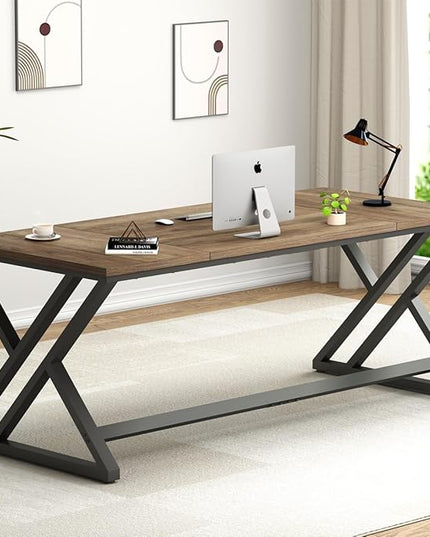 LVB Rustic Large Computer Desk, Industrial Extra Long Home Office Desk, Wood Pc Writing Work Study Computer Table Desk, Farmhouse Workstation Gaming Executive Desk for 2 Person, Rustic Oak, 70 Inch