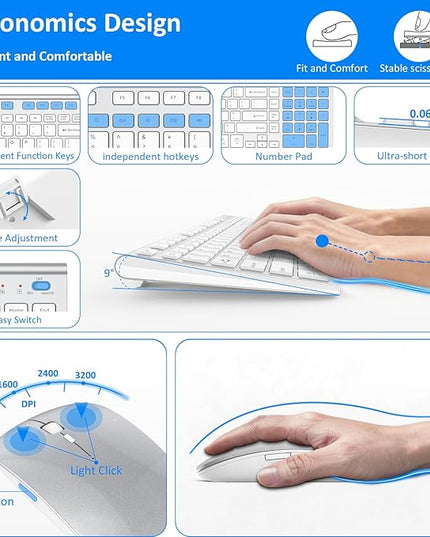 Wireless Keyboard and Mouse, GALENMORO Silent Quiet Combo Low Profile USB C Full Size Compact with Number Pad Flat Soft Touch Cordless for Mac Computer PC Laptop Macbook iMac Office - White and Silver