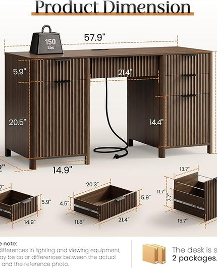 58" Fluted Home Office Desks with Storage, Modern Executive Desk Computer Desks with 5 Drawers & Cabinet, Wood Work Desk File Drawer for Office, Bedroom, Study, Living Room, Walnut