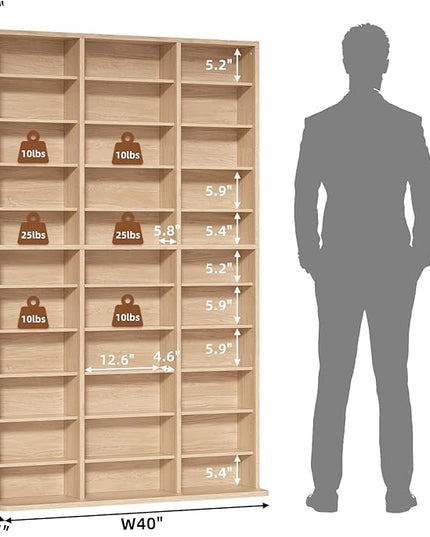 LELELINKY 11 Tier Tall Display Cabinet, Natural Media Storage Cabinet with Adjustable Shelves, Free Standing DVD Organizer Shelf, Multimedia Storage Manga Bookshelf for Living Room & Home Office.