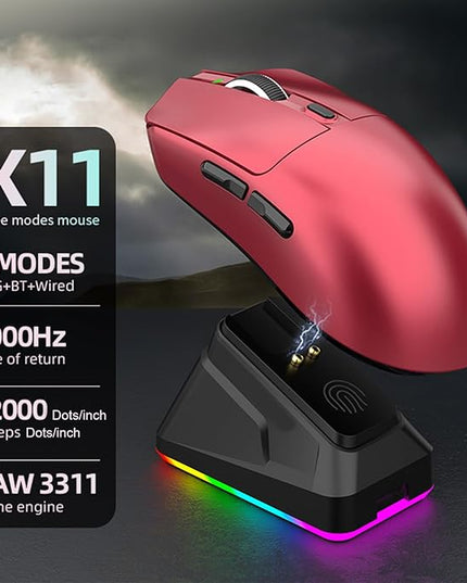 Lightweight Gaming Mouse, RGB Light 3 Mode Connection with 6 Adjustable DPI 800 12000, 7 Customizable Buttons, with Magnetic Charging Base (Red)