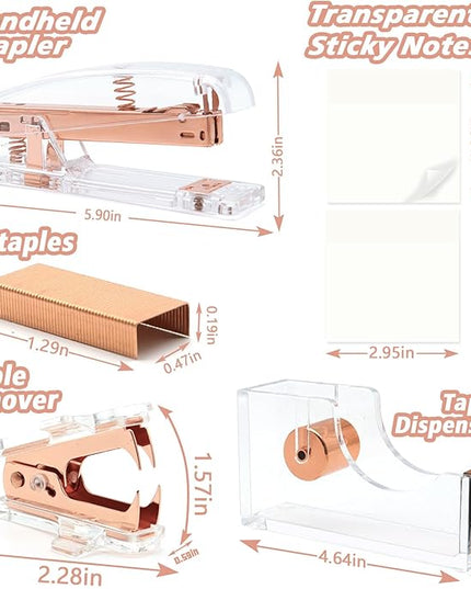 Rose Gold Office Supplies,UPIHO Rose Gold Desk Accessories,Stapler and Tape Dispenser Set with Stapler,Tape Dispenser, Staple Remover, Staples, Clips,Scissor,Pen and Sticky Notes,Gifts for Coworkers