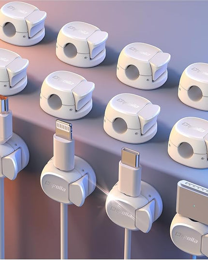 12Pack Cord Organizer [Dual Spring & Clasp] [Max Stability] Cable Clips, Chfeila Cord Holder, Desk Cable Management, Adhesive Wire Organizer for Home Office Desktop Nightstand Car Table Wall - White