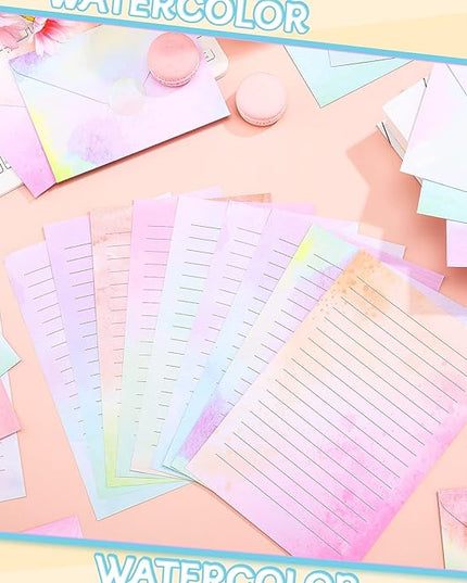 TaoBary 160 Pcs Stationery Paper Set 50 Double Sided Stationery Papers with 50 Matching Envelopes and 60 Round Dot Sticker, 10 Design(Watercolor,5.5 x 8.25 Inch)