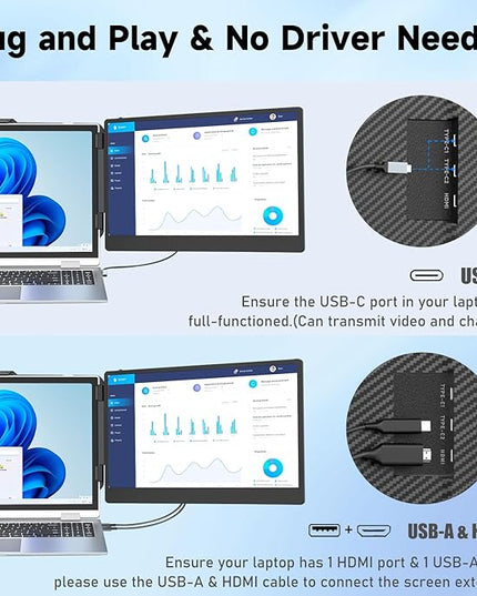 KEFEYA Laptop Screen Extender, 14" Portable Monitor for Laptops 13-17", 1080P FHD IPS Monitor Extender for Laptop with USB-C/HDMI Port, Plug n Play for Windows/Chrome/Mac/Switch/PS5