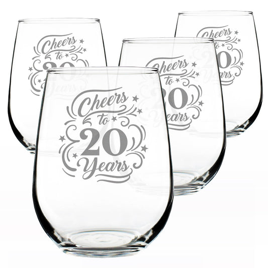 Cheers to 20 Years Stemless Wine Glass 20th Anniversary - 17 oz - Set of 4