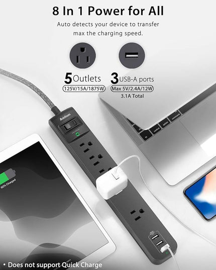 15FT Power Strip Surge Protector - Extension Cord with 5 Widely Outlets 3 USB Charging Ports, Flat Plug Overload Surge Protection, Wall Mount, Multi Outlet Extender for Home, Office ETL Listed, 2 Pack