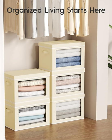 Collapsible Storage Bins with Lids - Stackable Storage Containers with Window, 1 Pack Fabric Organizing Bins for Closet, Home & Office Organization Baskets, Beige, 14.9" x 9.8" x 9.8"