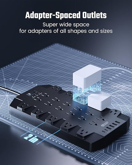 10 Ft Extension Cord Power Strips with Surge Protection, SUPERDANNY Surge Protector with 22 Outlets, 2 USB-C and 4 USB-A, 2100J, 10Ft Flat Plug Heavy Duty Extension Cord (1875W/15A) for Home, Office