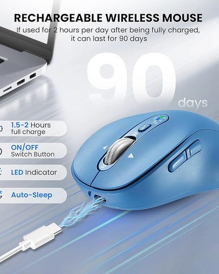 Wireless Bluetooth Mouse Rechargeable,USB+BT×2,Multi Device Quiet Ergo Computer Mouses,Metal 4-Way Super Scrolling,± 3200 DPI,10 Button,Plug&Play,Cordless Mice for Laptop,Tablet,Mac,iPad,PC,Phone-Blue
