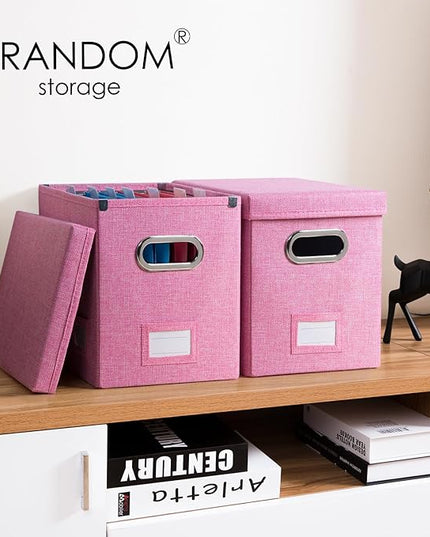 PRANDOM File Organizer Box - Set of 2 Collapsible Decorative Linen Filing Storage Hanging File Folders with Lids Office Cabinet Letter Size Pink (14x9.3x10.8 inch)