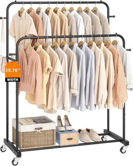 Laiensia Double Rods Garment Rack with Wheels, Clothing Rack for Hanging Clothes,4 Hooks, Multi-functional Bedroom Clothes Rack, Black