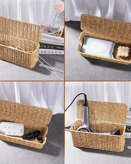 Cable Management Box, Handmade Rattan Cable Organizer, 2 Open Slots Cords Hider Box, Under Desk Cord Organizer for Computer Router USB Hub & Power Strip, Patent Pending, 13" x 5.1" x 5.1", Natural