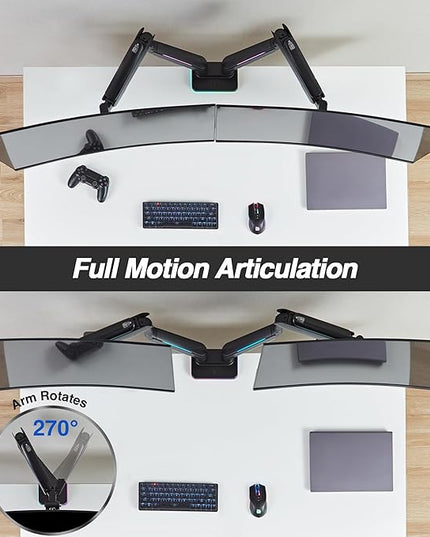AVLT RGB Lights Dual 17”-43” Gaming Monitor Arm Desk Mount, Fits Two Flat/Curved/Ultrawide Screen up to 44lbs(20kg), Height Swivel Tilt Adjustable Stand - Black