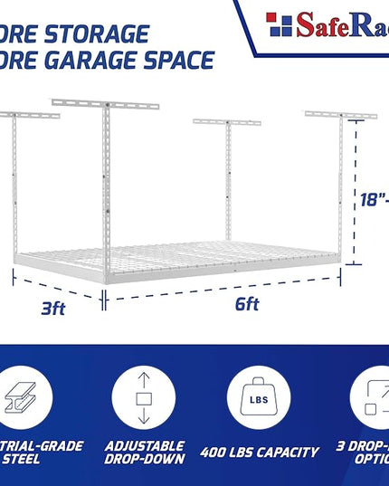 SafeRacks Overhead Garage Storage Rack - Heavy Duty Racks for Garage with 400 lb Capacity, Easy Garage Shelving, Adjustable Storage Rack, Ceiling Mount Storage Shelves 3x6 White (18"-33")