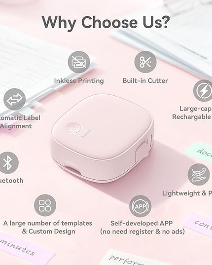 Mini Label Maker Machine with Tape AH-P05 - Portable Bluetooth Mini Label Printer, Wireless Thermal Label Maker, Waterproof & Rechargeable, Built-in Cutter, for Home, Office, Kitchen - Pink