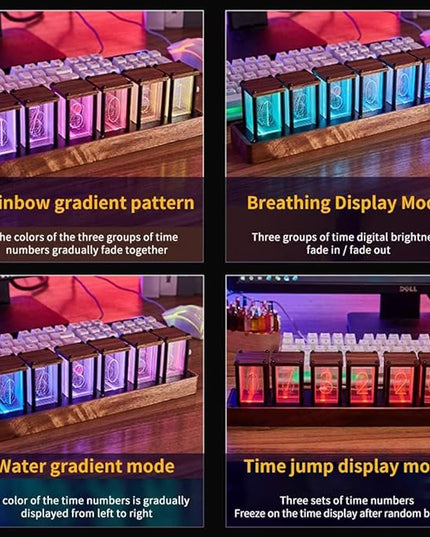 Adventurers Nixie Tube Clock , Cool Clock, Retro Wooden Shell /LED Full Color Custom RGB and 12/24h Display,Decorate Room