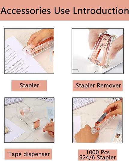 suniya Office Supplies,Desk Accessories,with Stapler,Tape Dispenser,Staple Remover,Scissor,Ballpoint Pen,Clear Tape,Staples,Binder,Best Gift Set(Rose Gold)