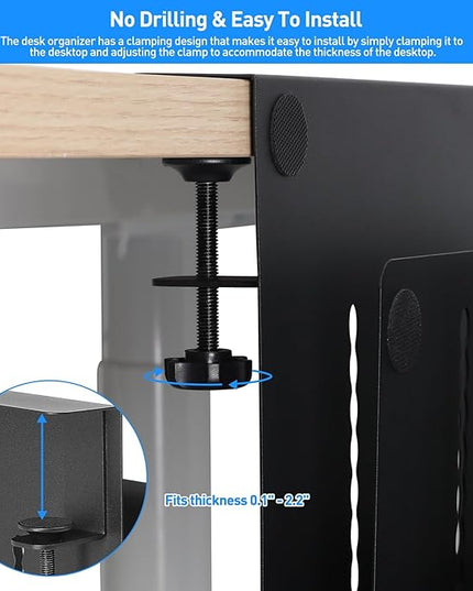 MAXECHO Desk Side Storage, Under Desk Laptop Mount, Table Side Hanging File Organizer, No Drill Clamp On Cable Management Tray, Laptop Holder with Magnetic Pen Holder for Office and Home, Load 22 Lbs