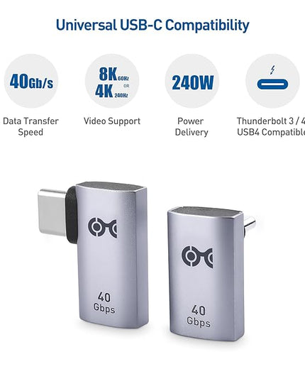 Cable Matters Combo-Pack 40Gbps Right Angle USB-C Adapter Kit, Up to [4K@240Hz Video, 240W Charging, 40Gbps Data Transfer] 90 Degree USB C Adapter, Compatible with Thunderbolt 4, iPhone 16, Steam Deck