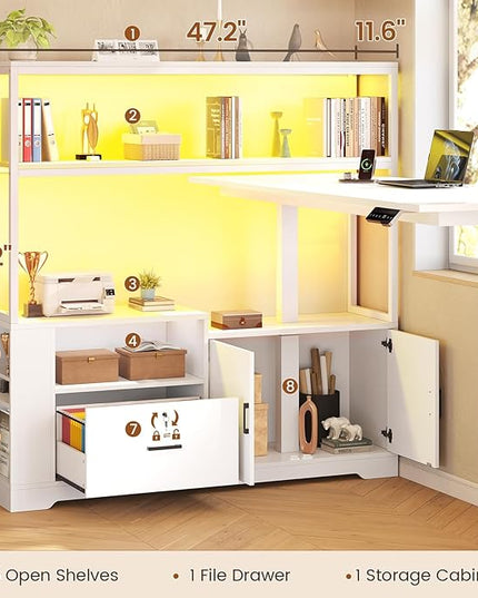 SEDETA 56.7" L Shaped Standing Desk, Reversible Computer Office Desk with Drawers & Hutch, Stand Up Corner Gaming Desks with LED Lights & Power Outlets for Home Office, White