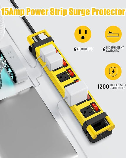 Heavy Duty Power Strip,6 Outlets Metal Power Strip with Individual Switch & Cord Management,Mountable Surge Protector 1200J,10FT Extension Cord(Yellow,10 FT)