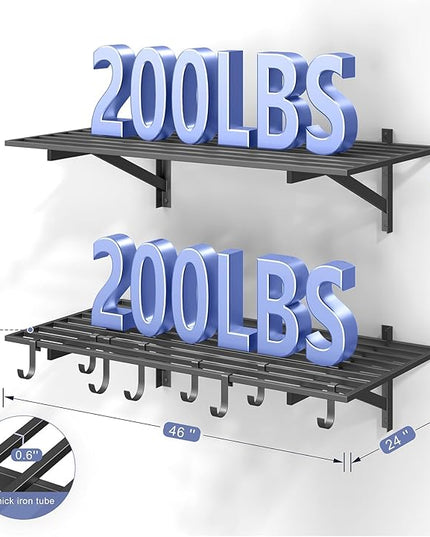 2-Pack 2x4ft Garage Shelving Wall Mounted, 2' x 4' Heavy Duty Garage Storage Shelves with Hooks, 400LB Capacity