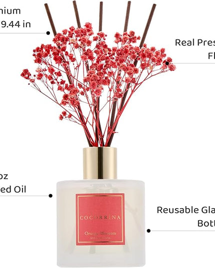 COCORRÍNA Reed Diffuser - Orange Blossom 6.76 Fl.oz Reed Diffuser Sets with Preserved Flowers, Diffuser with 8 Sticks for Bathroom Shelf Decor
