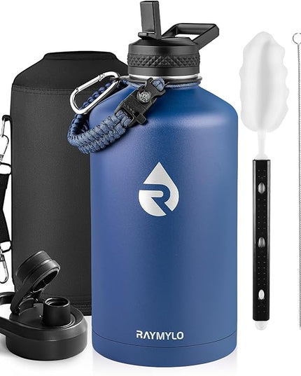 One Gallon Water Bottle Insulated, Triple Walled Vacuum Stainless Steel (Cold for 48 Hrs), Leak Proof & Non-BPA, Large Water Flask Jug with Paracord Handle & Straw Spout Lids
