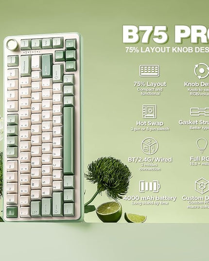YUNZII B75 PRO Wireless Mechanical Keyboard,75% Layout with Knob,Hot Swap Gasket Structure,Creamy Pre-lubed Switches,RGB Backlit,Bluetooth/Type-C/2.4G for Win/Mac (Matcha Green, Cocoa Cream V2 Switch)
