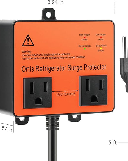 Refrigerator Surge Protector, Ortis Double Outlet Voltage Protector for Home Appliances with Time Delay, 5ft Power Cord, Protects Against Brownout, Spike, Instant Surge All Voltage Abnormalities