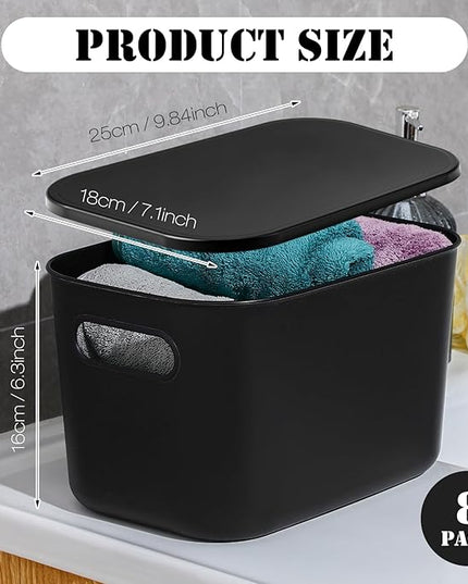Hoolerry 8 Pieces Colorful Storage Bins with Lid, Plastic Storage Basket Organizing Container Stackable Box with Handle for Shelves Desktop Playroom Office(9.8 x 7.1 x 6.3 Inch,Black)