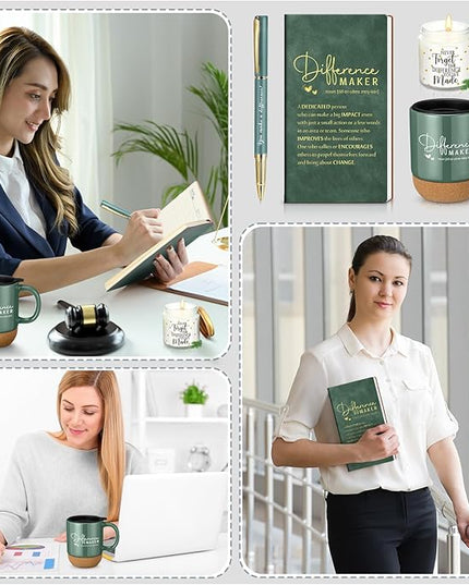 4 Pcs Difference Maker Gift for Women Men Teacher Employee Appreciation Gift for Coworker Staff Coach Difference Maker Mug Notebook Scented Candle Motivational Ballpoint Pen for Valentines(Dark Green)