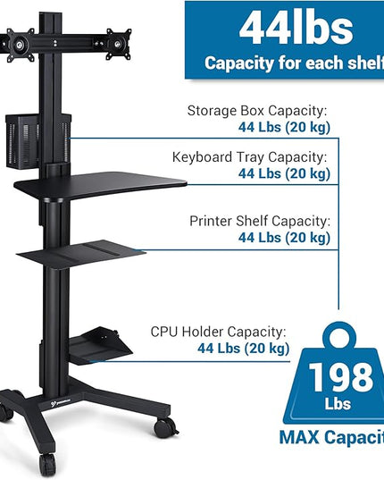 Yescom Mobile PC Stand Workstation with Dual Monitor Mount for Screen Up to 32" Black