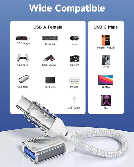 JSAUX USB to USB C Adapter [2 Pack], USBC OTG Adapter Compatible with MacBook Pro/Air, iPhone 15 Pro Max, Samsung Galaxy S24/S23/S22/S21 and More USB C Devices-Crystal White