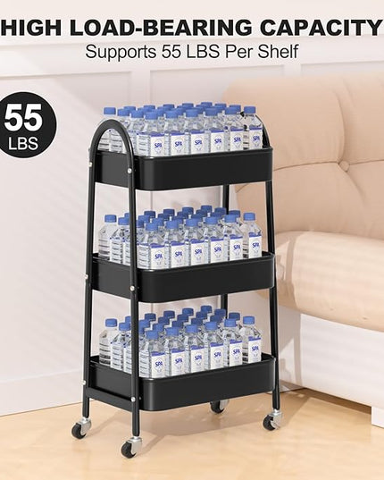 EAGMAK 3 Tier Rolling Cart, Large Metal Storage Cart with Handle and Lockable Wheels, Big Multifunctional Storage Organizer Trolley with Mesh Baskets for Kitchen, Living Room, Office, Garage (Black)