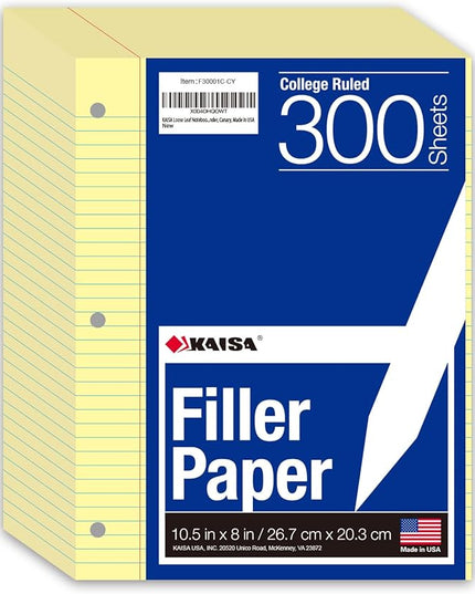 KAISA Loose Leaf Notebook Paper, College Ruled, 300 Sheets Per Lined Paper, 8" x 10.5", 3 Hole Punched for 3 Ring Binder, Canary, Made In USA