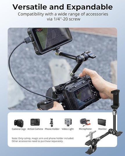 SmallRig Clamp w/ 1/4" and 3/8" Thread Holes, 9.8 Inches Adjustable Friction Power Articulating Magic Arm with Phone Holder for Action Cameras, Smartphones, LCD Monitor/LED Lights - 5326