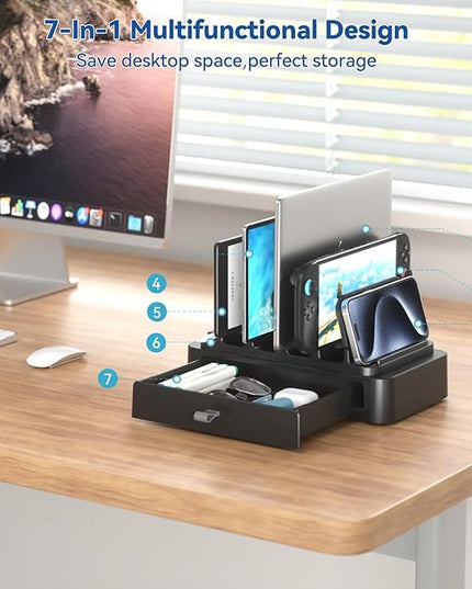KDD Vertical Laptop Stand with Drawer - 7-in-1 Space-Saving Laptop Holder with Gravity Locking Fits MacBook, Dell, HP, Chromebook, Surface Pro, Tablet, Cell Phone, Switch, Keyboard Desktop Organizer