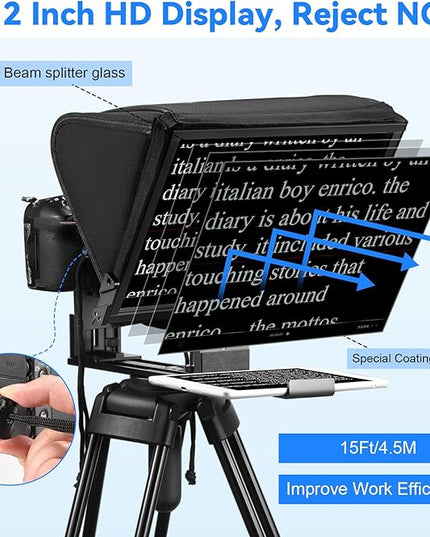 TX12P Teleprompter with Remote App Control, 14inch Metal Teleprompter，Compatible with iPad, Smartphone, DSLR Camera,Collapsible with Carry Case,Easy to Assemble