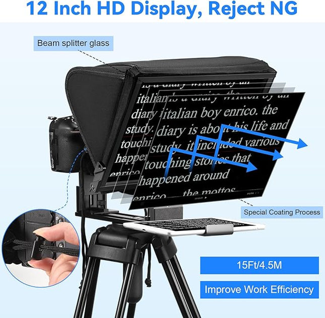 TX12P Teleprompter with Remote App Control, 14inch Metal Teleprompter，Compatible with iPad, Smartphone, DSLR Camera,Collapsible with Carry Case,Easy to Assemble