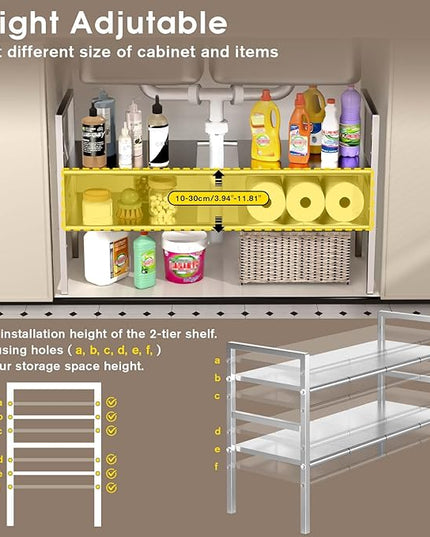 Expandable Under Sink Organizer and Storage, 2-Tier Height Adjustable Under Cabinet Organizer Shelf with 8 Removable Panels for Bathroom Kitchen Multi-Purpose Storage (8 Panels)