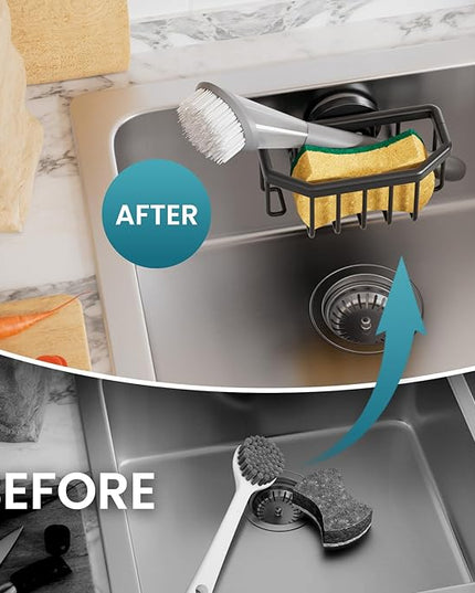 TAILI Sponge Holder for Kitchen Sink with Strong Suction Cup, Rustproof Aluminum Sink Caddy for Sponges, Brushes, Stoppers & Scrapers, Black